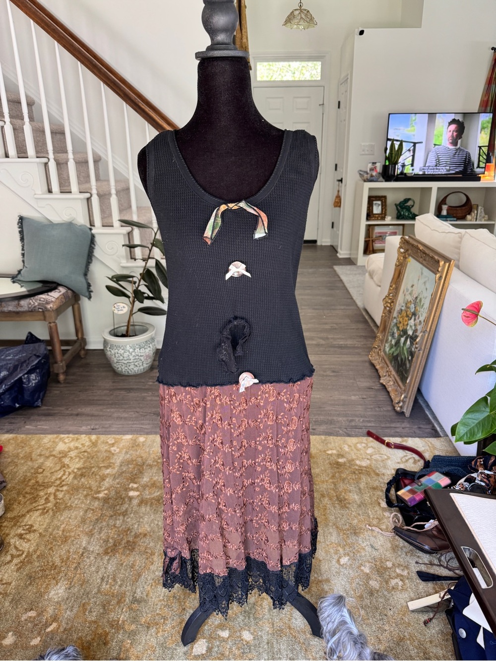90s Funky Eclectic Black Knit Tank with Dusty Rose Lace Midi Skirt Dress